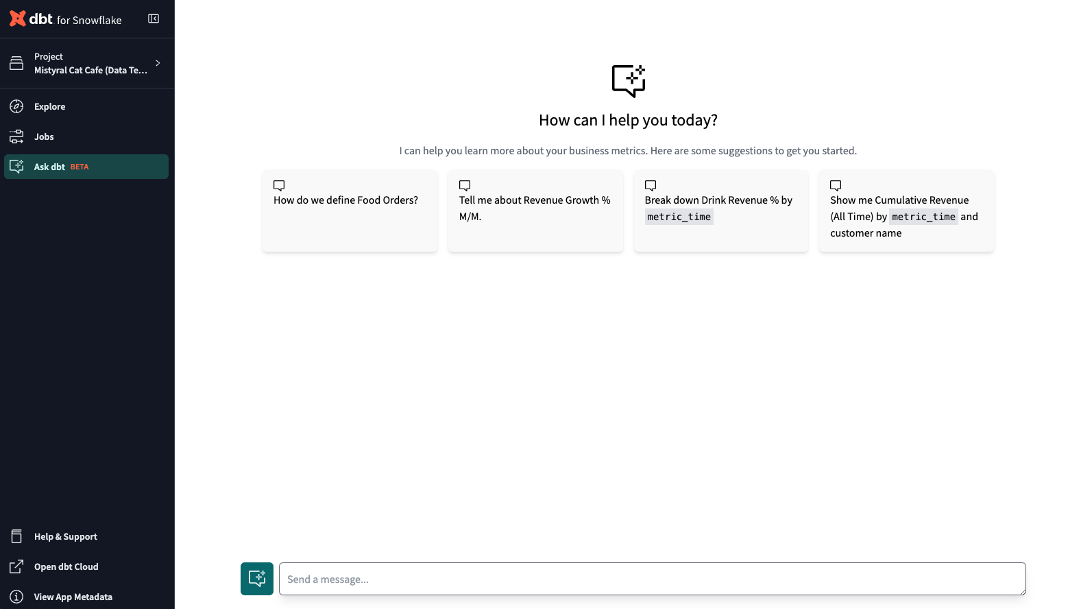 Example of the Ask dbt chatbot Example of the Ask dbt chatbot