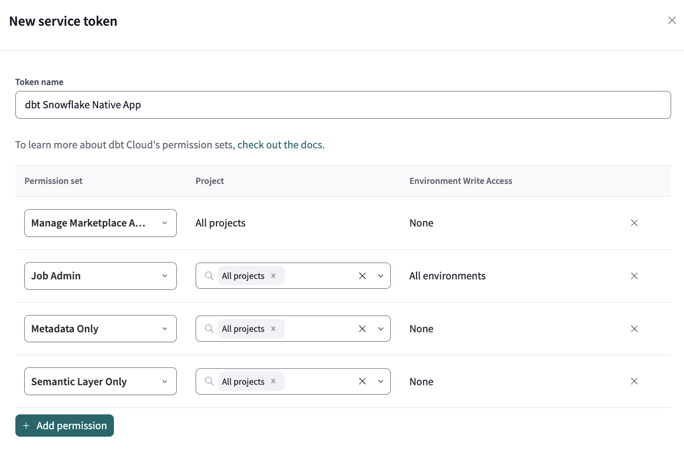 Example of a new service token for the dbt Snowflake Native App Example of a new service token for the dbt Snowflake Native App