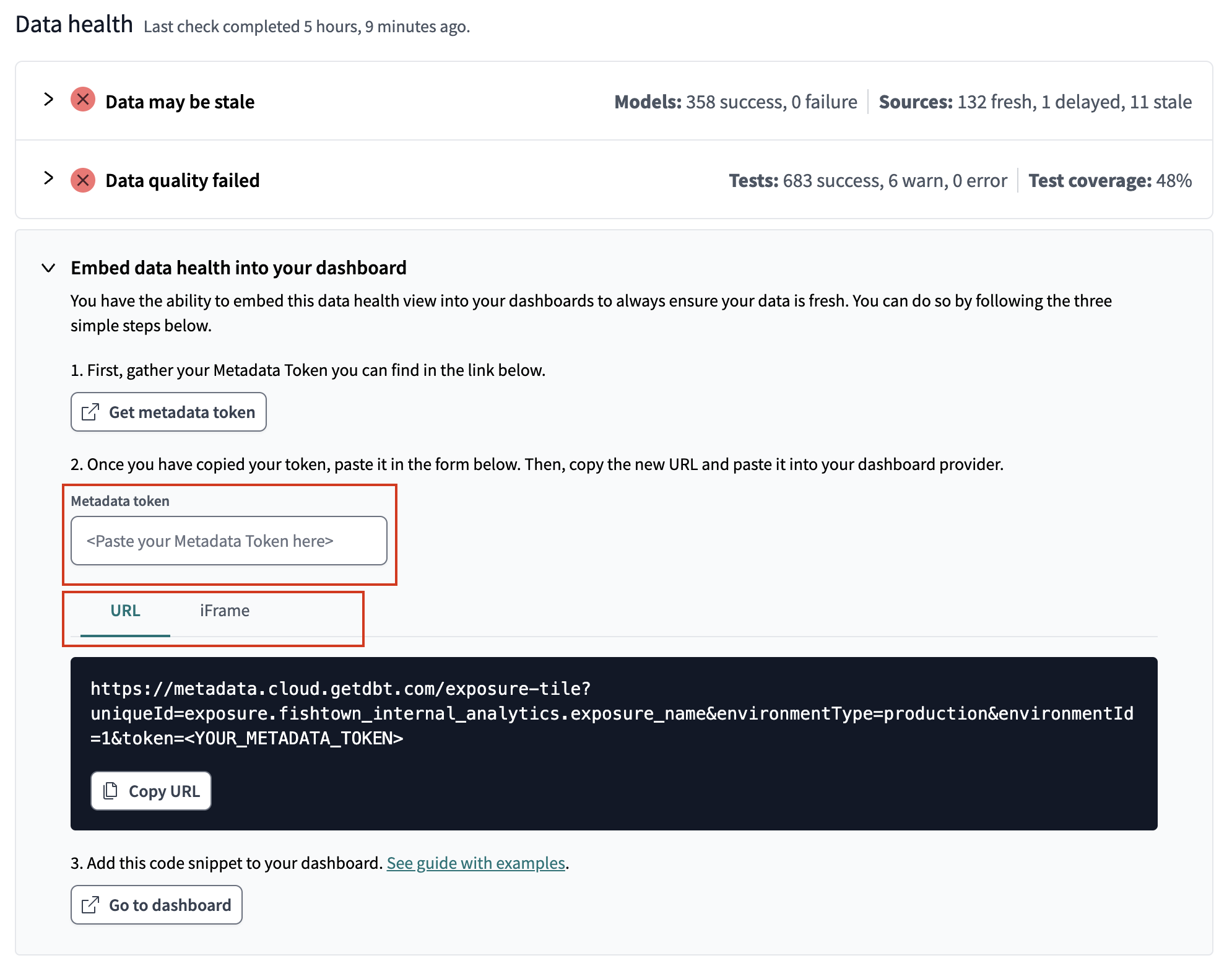 Expand the toggle to embded data health tile into your dashboard. Expand the toggle to embded data health tile into your dashboard.