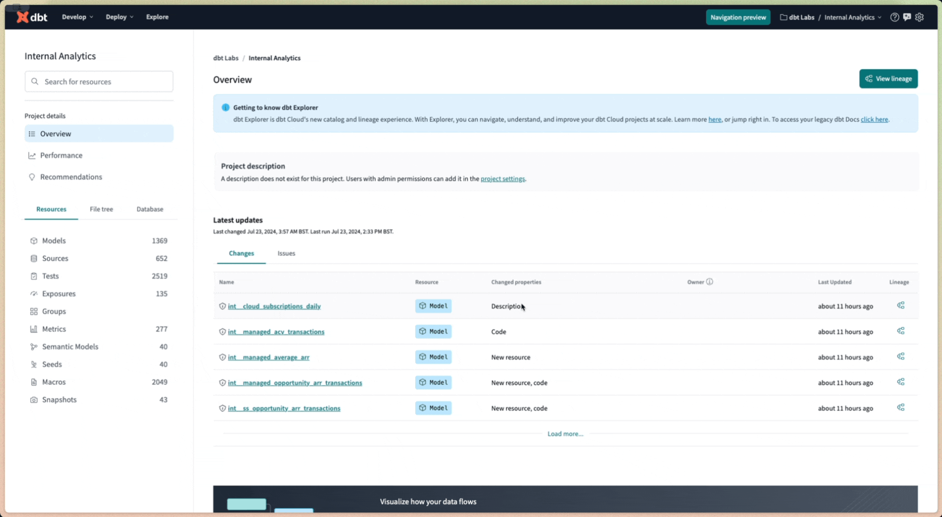 Access dbt Explorer from dbt Cloud by clicking Explore in the navigation. Access dbt Explorer from dbt Cloud by clicking Explore in the navigation.