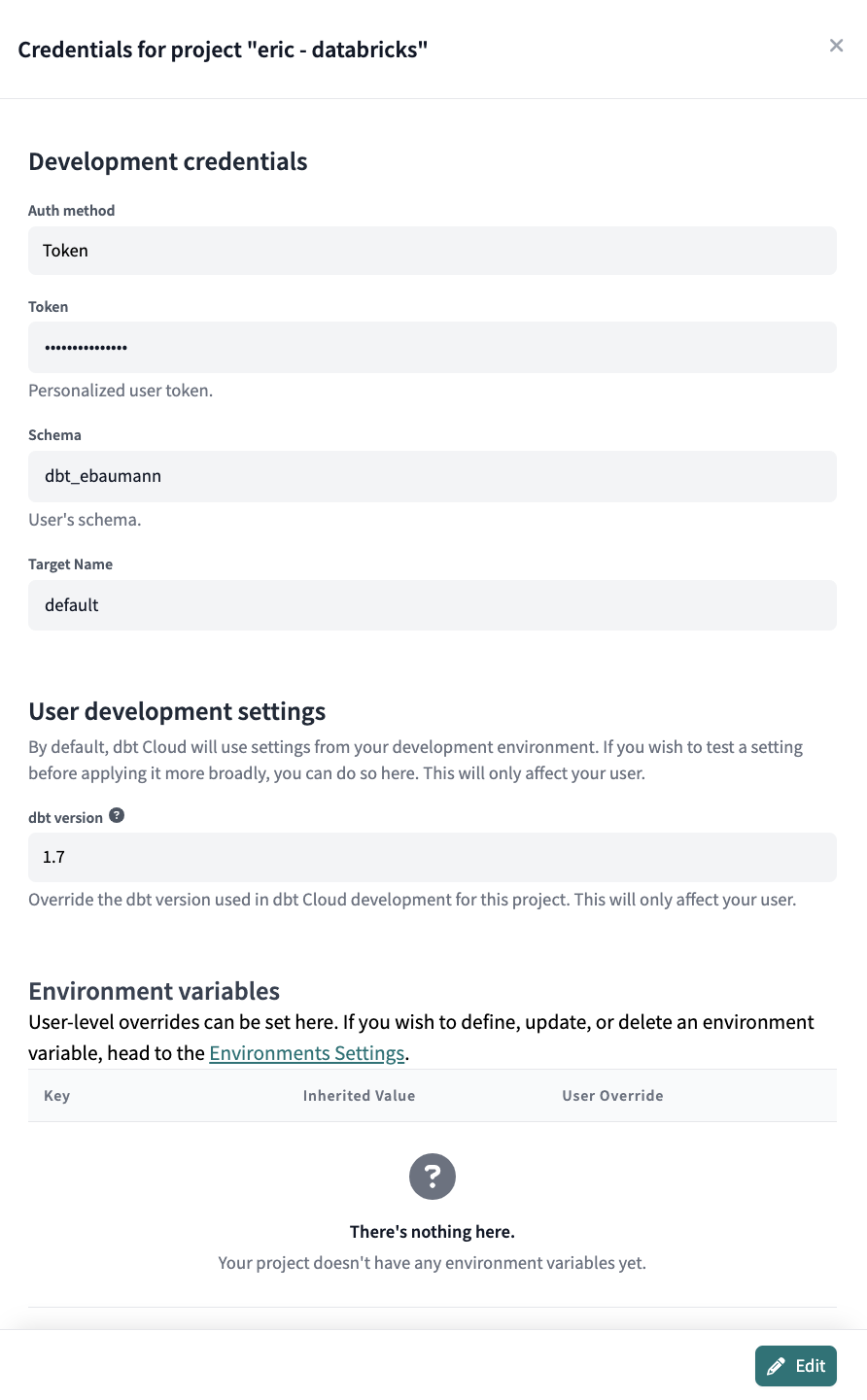 Example of overriding the dbt version on your user account Example of overriding the dbt version on your user account