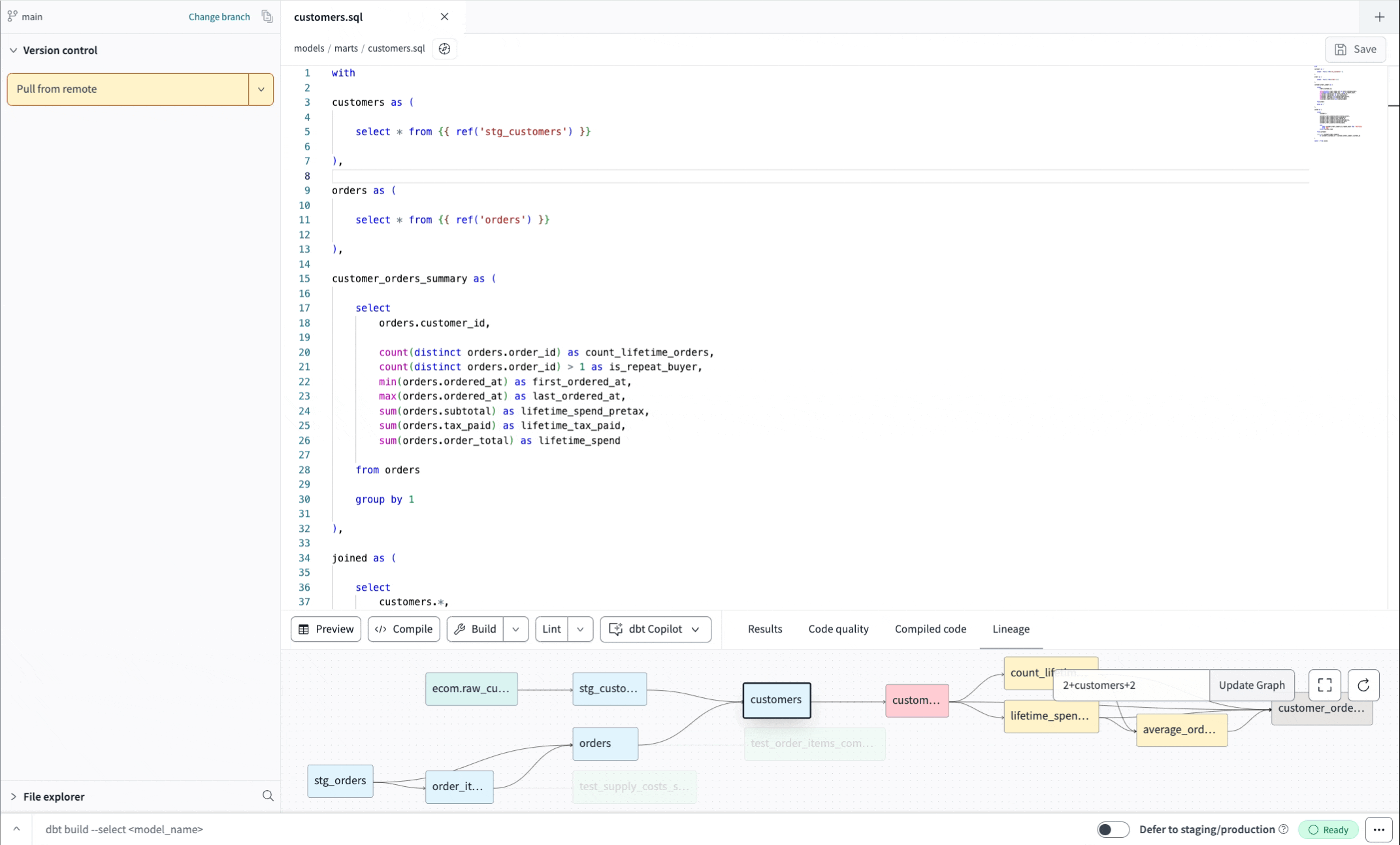 Example of using dbt Copilot to generate documentation in the IDE Example of using dbt Copilot to generate documentation in the IDE