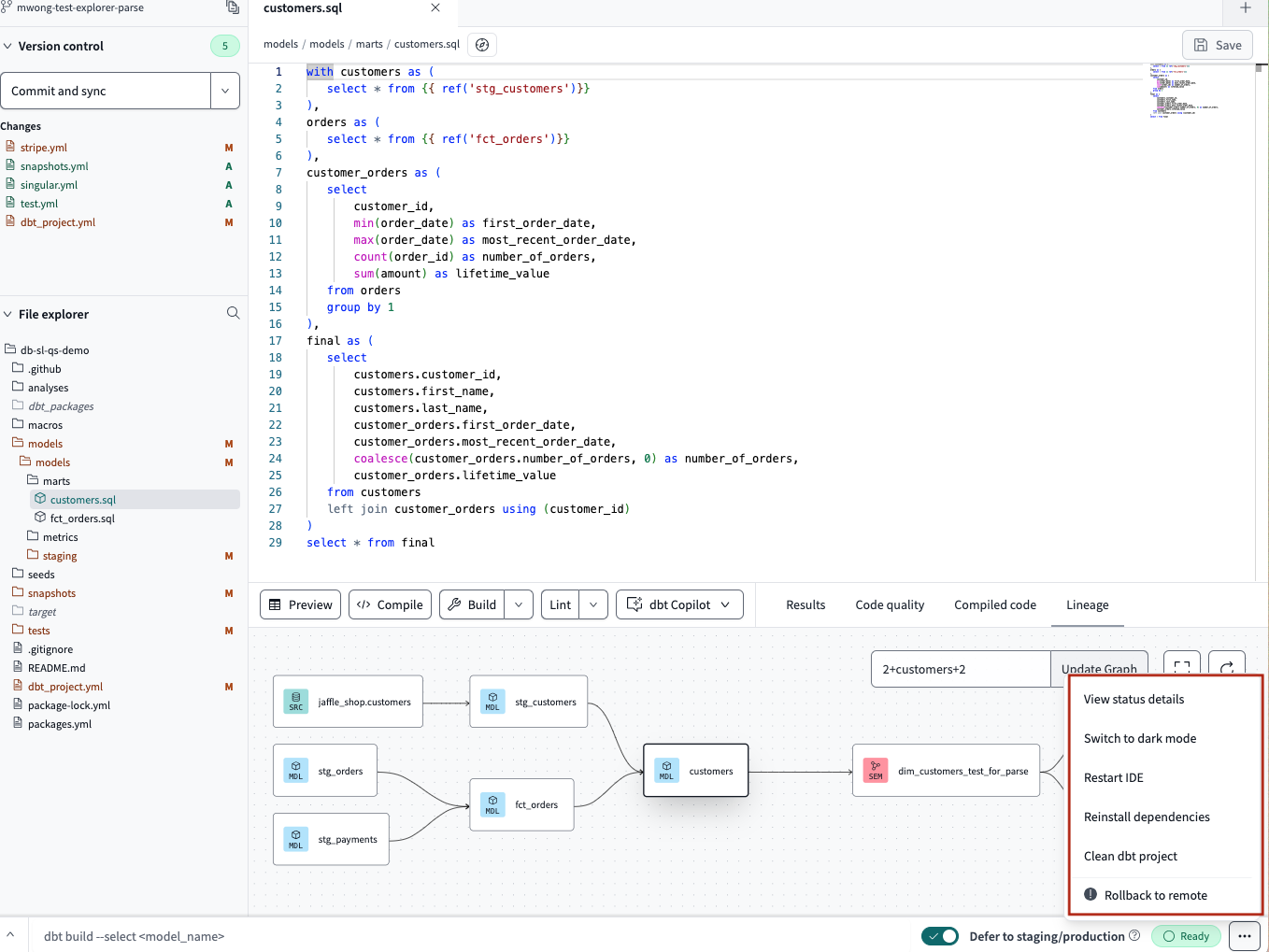 Access the IDE Options menu to switch to dark or light mode, restart the IDE, rollback to remote, or view the IDE status Access the IDE Options menu to switch to dark or light mode, restart the IDE, rollback to remote, or view the IDE status