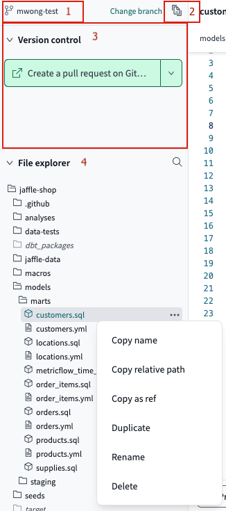 The Git repo link, documentation site button, Version Control menu, and File Explorer The Git repo link, documentation site button, Version Control menu, and File Explorer