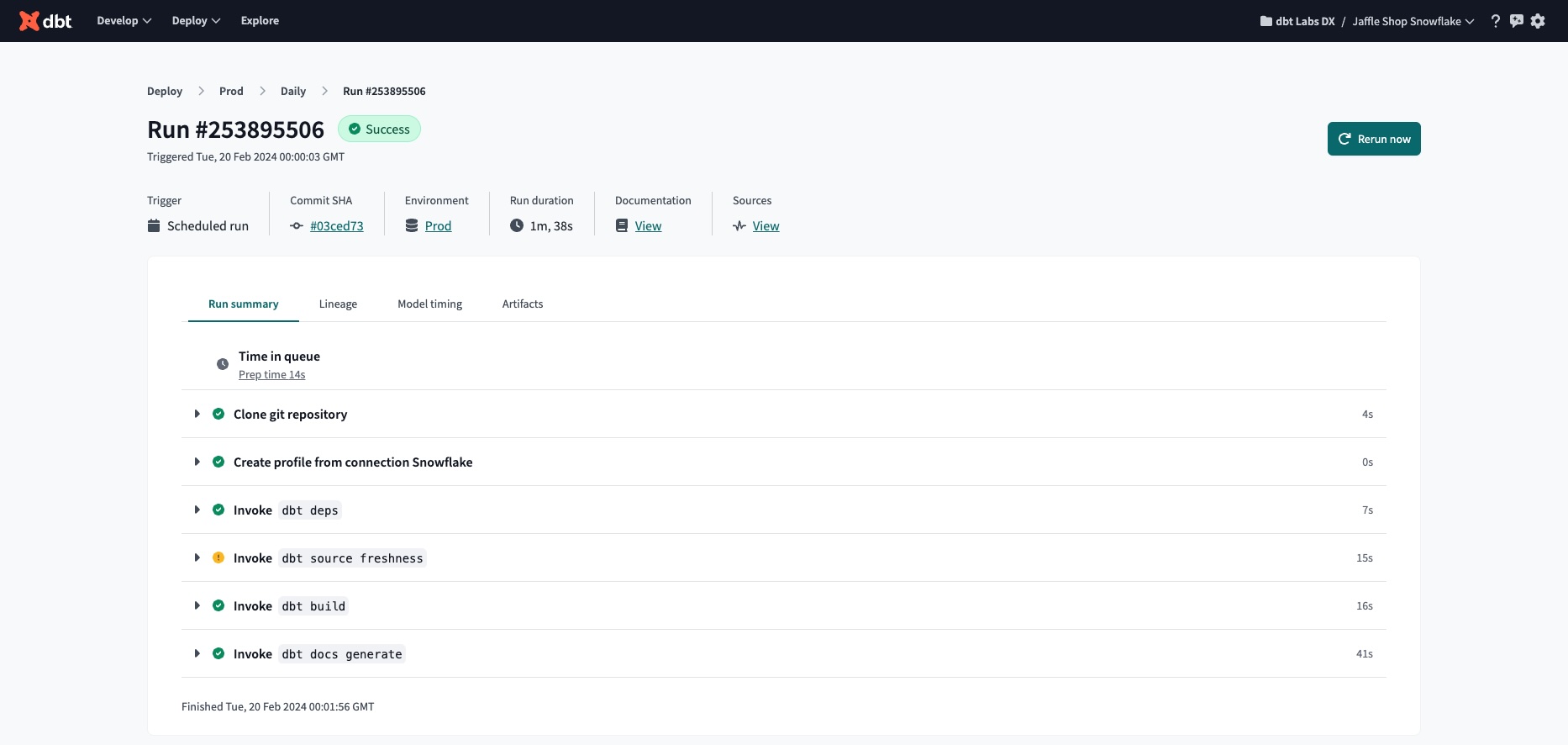 An overview of a dbt Cloud job run which contains Run Summary, Job Trigger, Run Duration, and more. An overview of a dbt Cloud job run which contains Run Summary, Job Trigger, Run Duration, and more.