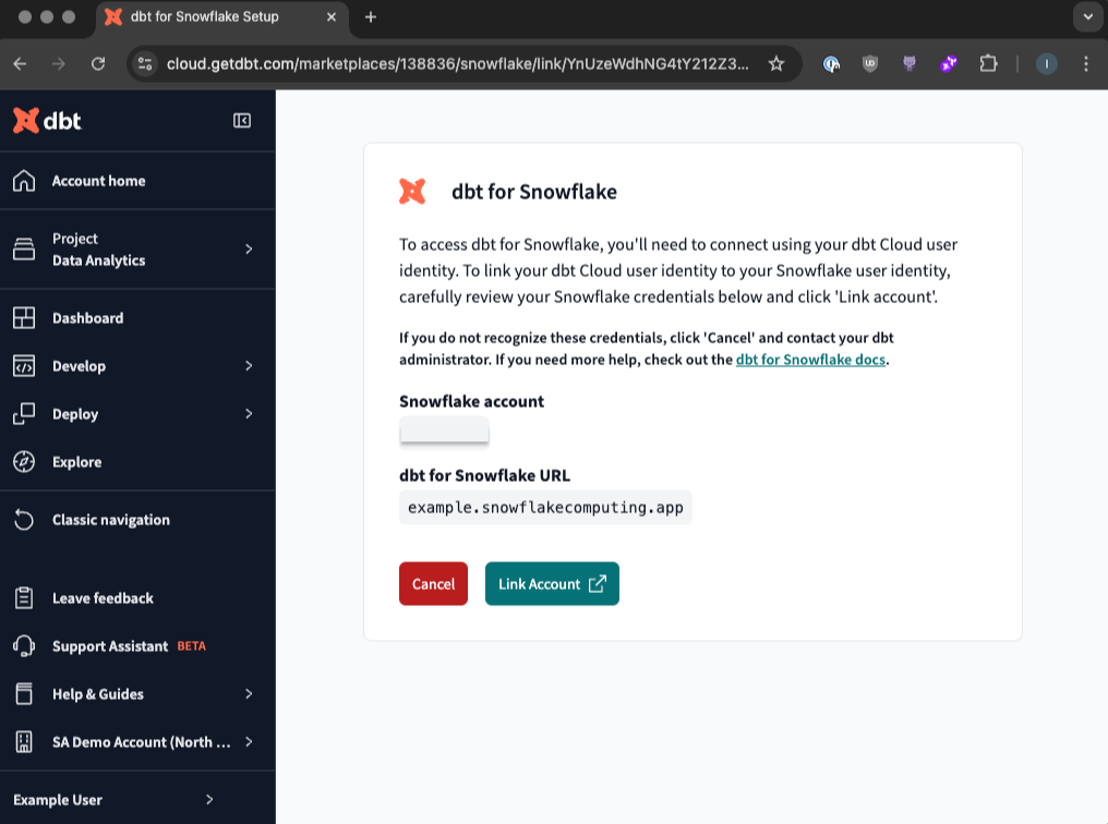 The Snowflake Native App prompt to link accounts The Snowflake Native App prompt to link accounts
