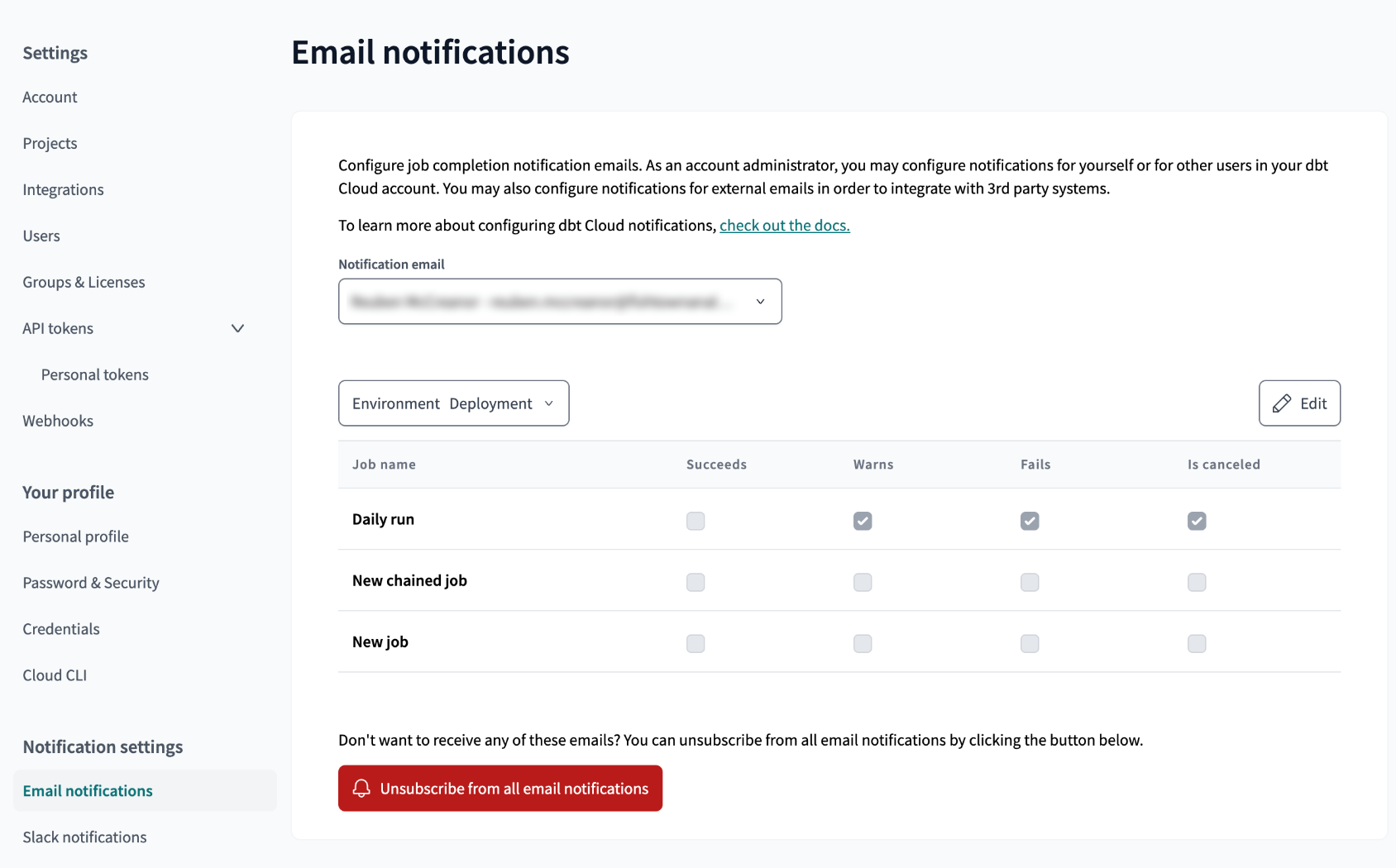 Example of the Email notifications page Example of the Email notifications page