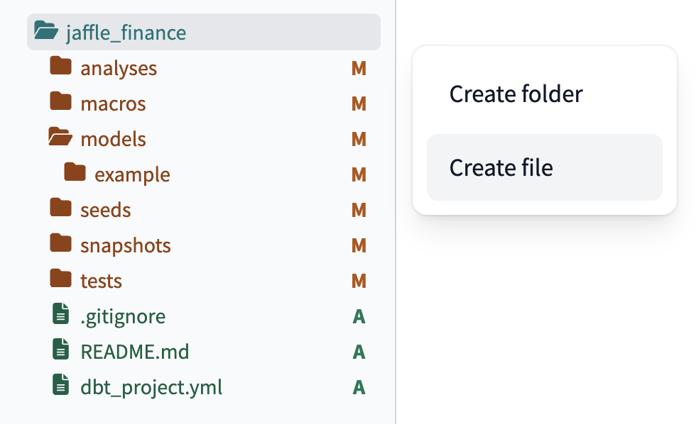 Create file in the dbt Cloud IDE. Create file in the dbt Cloud IDE.