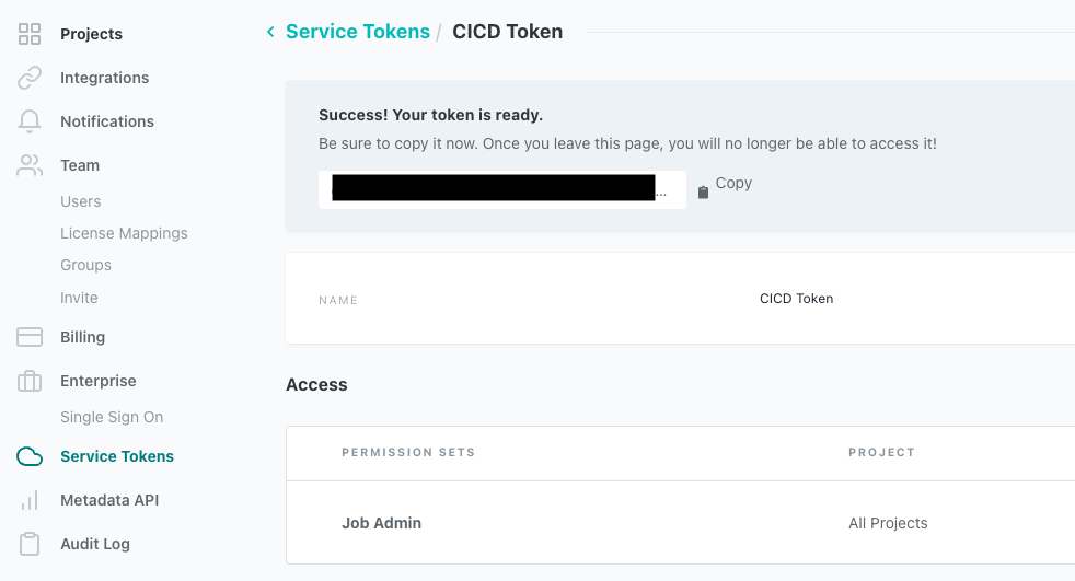 View of the dbt Cloud page where service tokens are created View of the dbt Cloud page where service tokens are created