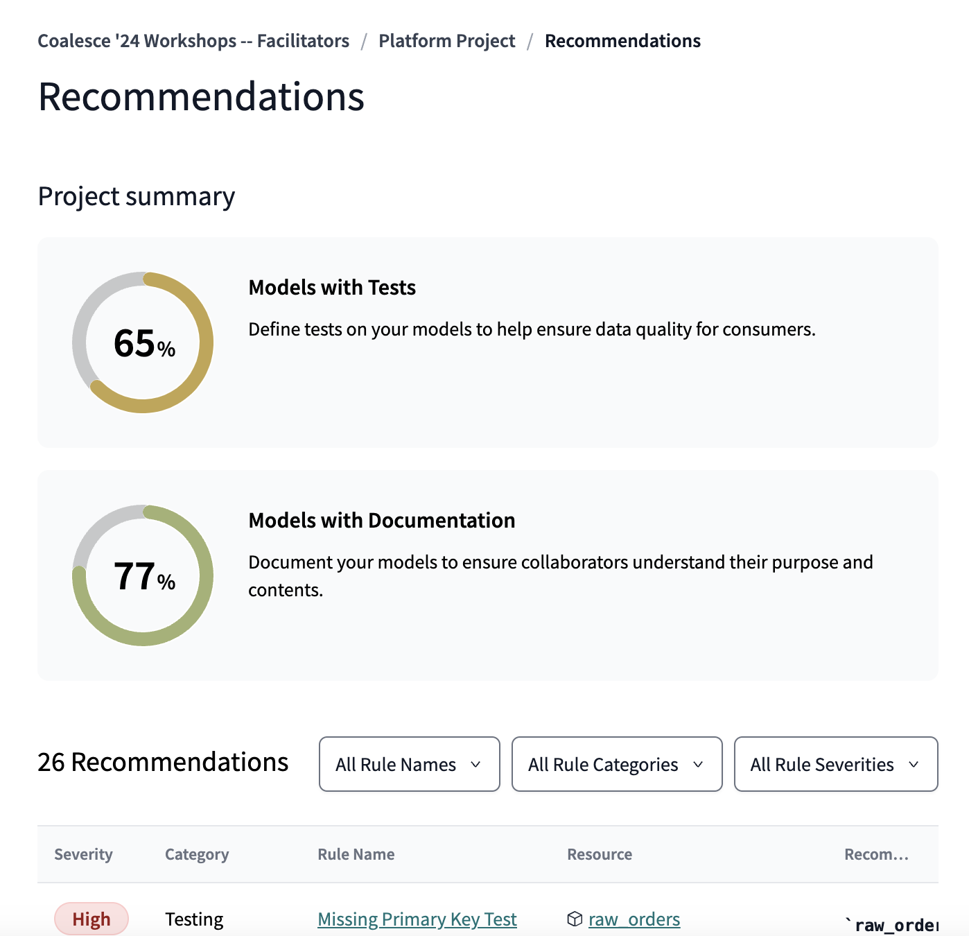 dbt Explorer's project recommendation tab dbt Explorer's project recommendation tab