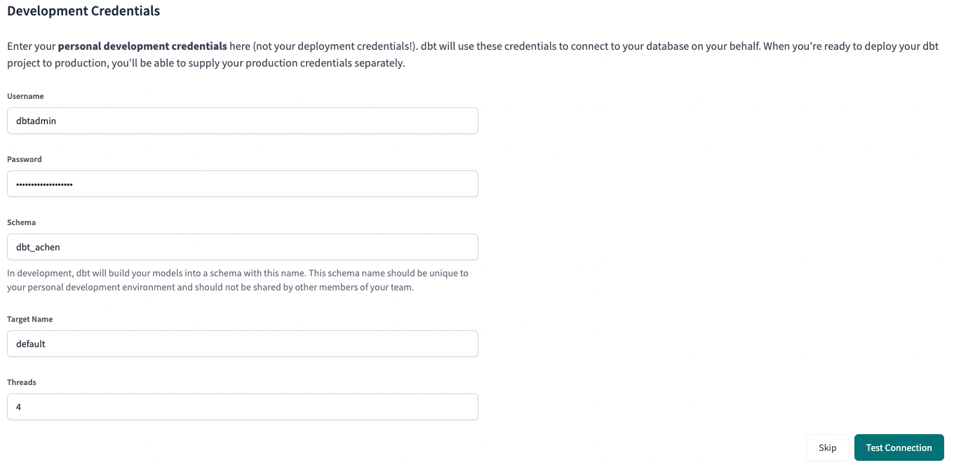 dbt Cloud - Redshift Development Credentials dbt Cloud - Redshift Development Credentials