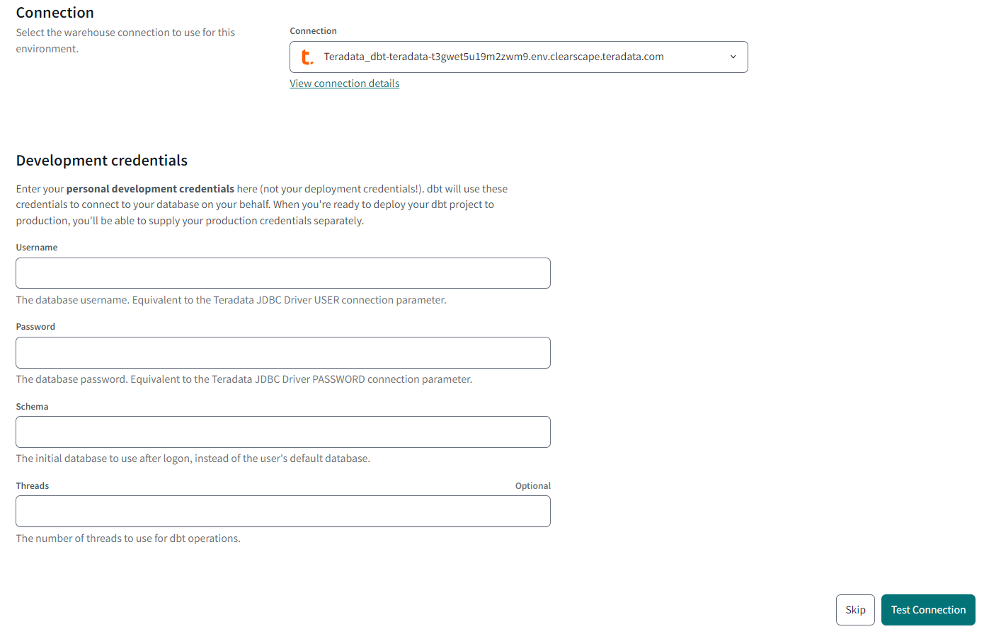 dbt Cloud - Teradata Development Credentials dbt Cloud - Teradata Development Credentials